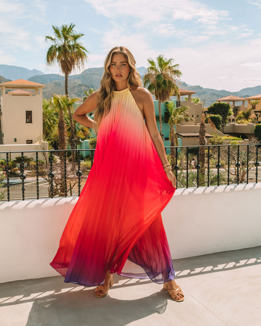 Mykonos Pleated Ombre Halter Maxi Dress Pink Red