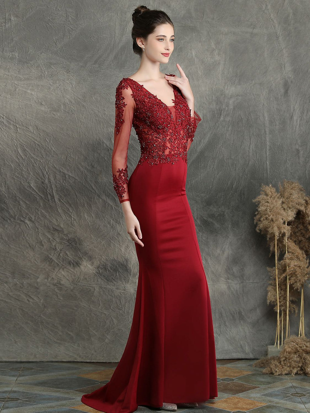 Handmade applique studded long sleeved evening dress