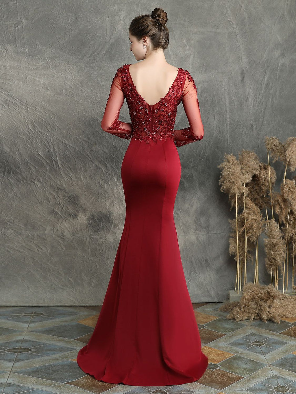 Handmade applique studded long sleeved evening dress