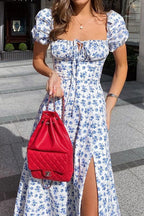 Square Neck Short Sleeve Slit Slim Floral Dress