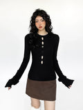 Cutout Ribbed Bell Sleeve Top