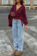 Solid Color Crossover V-neck Tie Elegant Long-sleeved Knit Top