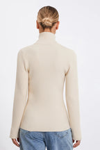 Ribbed Knit Zip-Up Stand Collar Cardigan