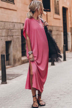 Pink Crew Neck Bat Sleeve Split Maxi T-shirt Dress