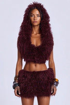 Faux Fur Hooded U Neck Backless Crop Top Mini Skirt Set