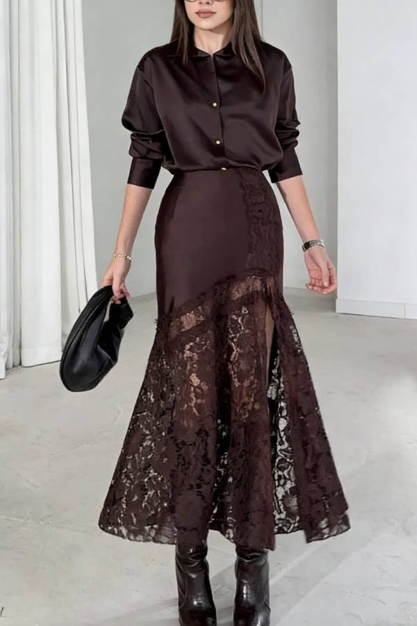 Solid Color Silk Satin and Lace Spliced elegant Maxi Skirt