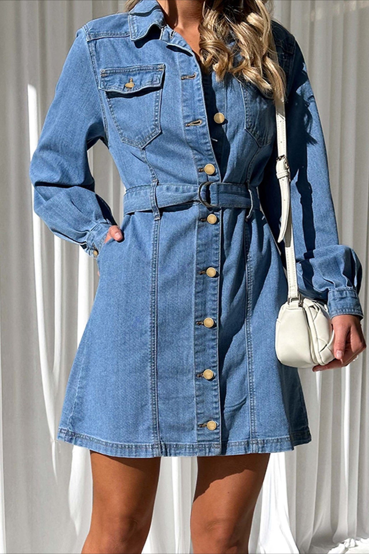 ButtonDown Tie Waist Denim Dress