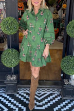 Dark Green Floral Print Collared Shirt Dress