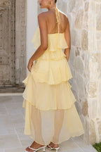 Solid Color Chiffon Halter Neck Elegant Ruffle Maxi Dress