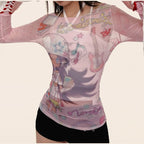 Y2K Patchwork Mesh Long Sleeve Sheer Top