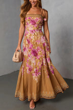 Fashionable Floral Print Square Neck Casual Vacation Maxi Dress