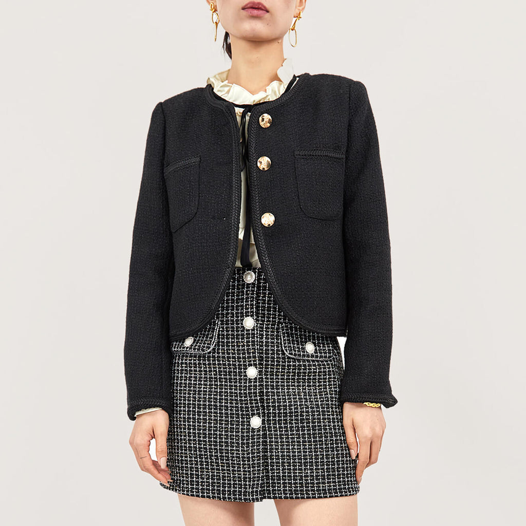 Black Frenchy Button Front Detail Tweed Jacket