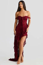 Lace Ruffle Off Shoulder Midi Dress