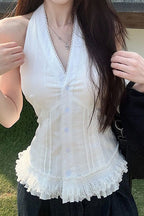 White Lace Trim V Neck Halter Waist Tie Tank Top