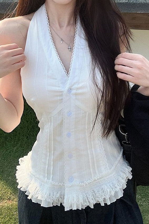White Lace Trim V Neck Halter Waist Tie Tank Top