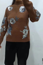 Turtleneck Loose-fitting Sequined Floral Pattern Long Sleeve Knitted Sweater
