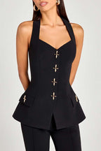 Women Power Metal Cross Snap Button Sweetheart Neck Wide Strap Vest