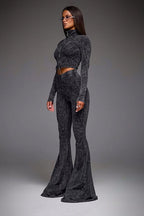 Sexy Zip Front Crop Top Flared Pants Set