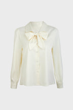 Ivory Satin Tie-Neck Long Sleeve Shirt