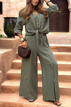 Tie Front Linen Shirt & Side Slit Wide Leg Pants Two-piece Set