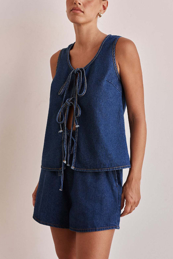 Stylish Elastic Waist Drawstring Pocket Casual Loose Denim Shorts