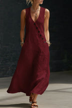 Linen Blend Solid Color V-neck Sleeveless Button-down Casual Pocket Midi Dress