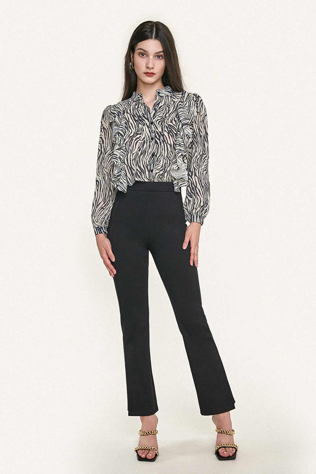 Black Zebra Print Ruffle Trim Button-Up Chiffon Work Shirt