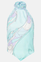 Satin Unique Print Halter Top and Irregular Midi Skirt Set