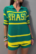 World Cup-themed Jacquard V-neck Short-sleeved Loose-fitting Top and Casual Stretch Shorts Knit Set