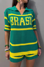 World Cup-themed Jacquard V-neck Short-sleeved Loose-fitting Top and Casual Stretch Shorts Knit Set