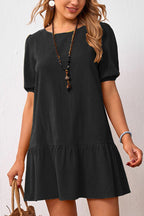Solid Color Loose Waist Cotton Linen Round Neck Dress