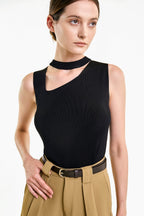 Black Rib-Knit Asymmetric Cut Out Tank Top