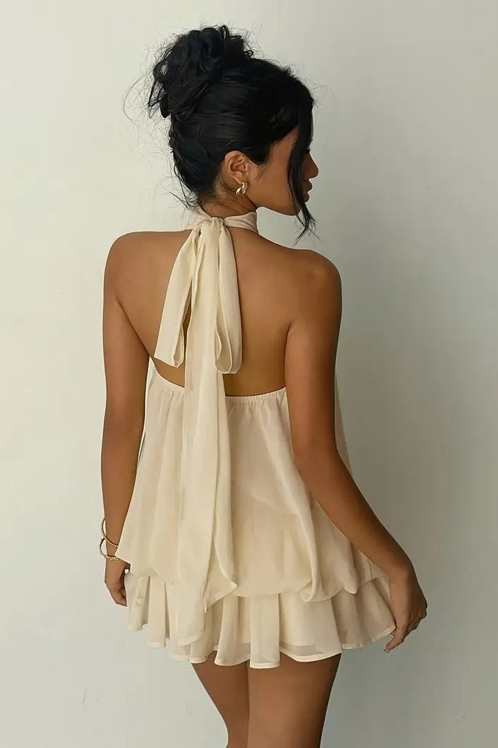 Sexy Backless Halter Tie Waist Slim Fit Ruffled Mini Dress