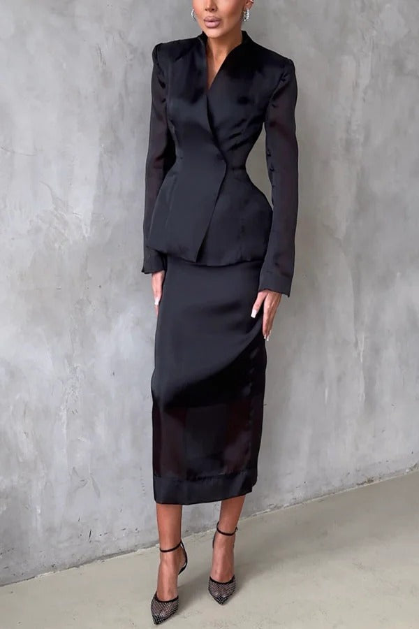 Perfectly Shaped Organza V-neck Long Sleeve Hourglass Cut Blazer