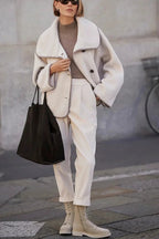 Romane Faux Fleece Fabric Contrast Trim Long Sleeve Knitted Pocket Lapel Loose Jacket