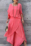 Top slit wide-leg pants chiffon casual suit