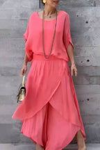 Top slit wide-leg pants chiffon casual suit