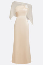 Lucero 3D Floral Satin Boat Neck Short Sleeve Sheath  Capelet Gown Maxi Dress