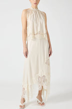 Modern Muse Satin Lace Trim Pleated Neck Top and A-line Irregular Slit Skirt Set