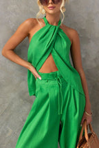 Gette Linen Blend Slit Front Top and High Rise Knoted Pocket Wide Leg Pants Set