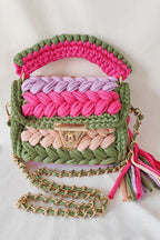 Contrast Color Stitching Braided Chain Tassel Bag