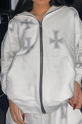Cross Rhinestone Zip Loose Hoodie