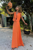 Cotton Linen Vest Swing Skirt Set