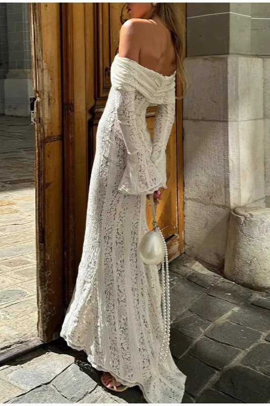 Sexy Off Shoulder Ruched Lace Flare Sleeve Bodycon Dress