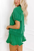 Women's Casual Puff Sleeve Top and Ruffle Shorts Set