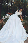 Simple Satin Off Shoulder Train Wedding Dress