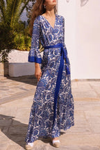 Greek Island Satin Unique Floral Print Tassel Belted Wrap Maxi Dress
