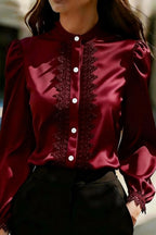 Solid Color Satin Lace Patchwork Casual Long-sleeved Shirt