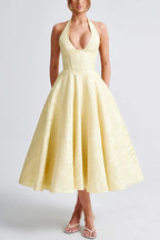 Stylish Jacquard Halter Neck Fitted Waist Open Back Elegant Midi Dress
