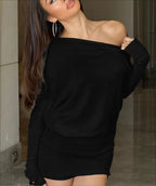 Oblique Shoulder Long Sleeve Mini Dress